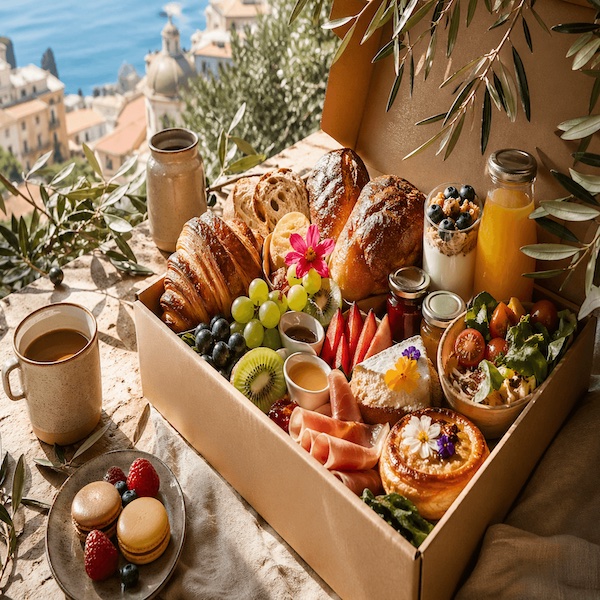 Box brunch Olive & Or présentée vue mer