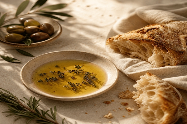Détail huile d'olive, herbes et pain
