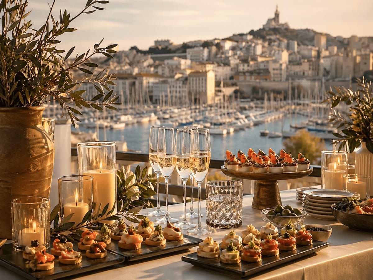 Buffet méditerranéen Olive & Or vue sur Notre-Dame de la Garde